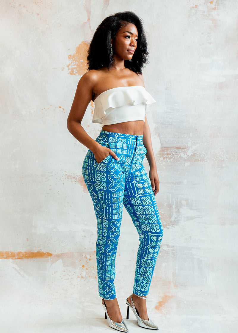 Talia Women's African Print Stretch Woven Pants (Cool Blue Adire)