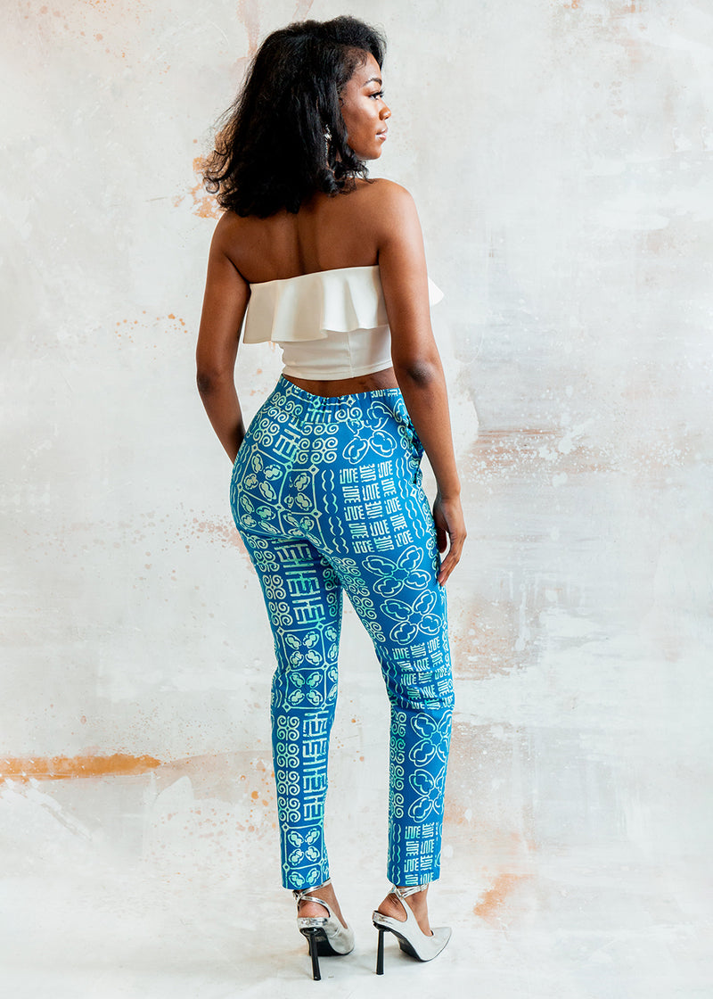 Talia Women's African Print Stretch Woven Pants (Cool Blue Adire)