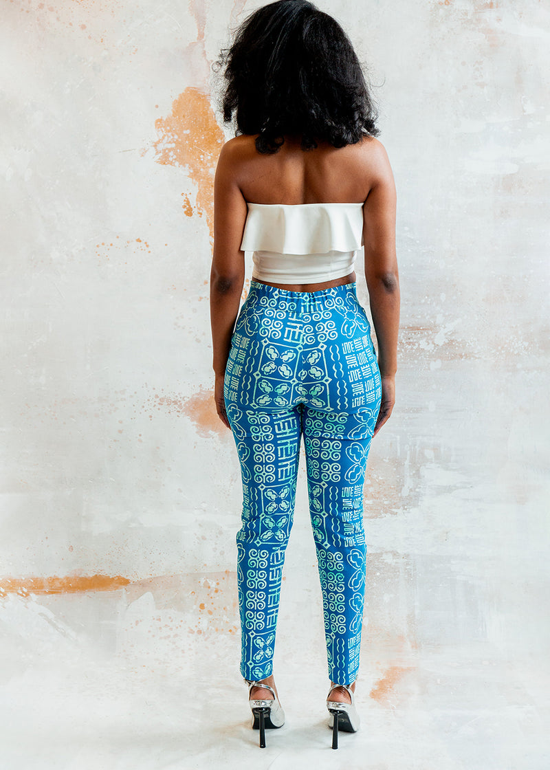 Talia Women's African Print Stretch Woven Pants (Cool Blue Adire)