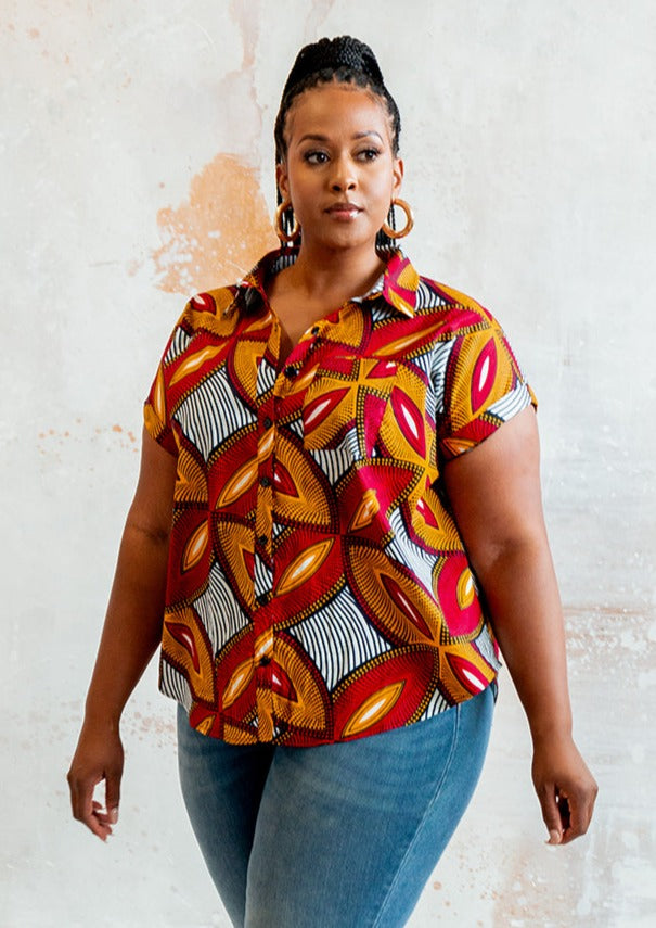 Tahiya Women's African Print Button-Up Blouse (Red Gold Leaves)