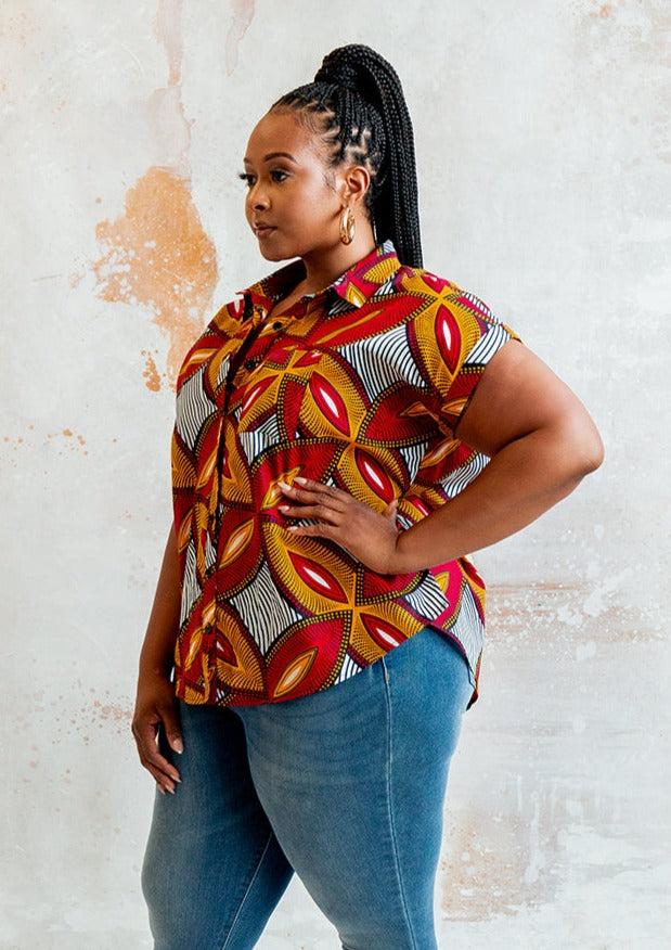 Tahiya Women's African Print Button-Up Blouse (Red Gold Leaves)