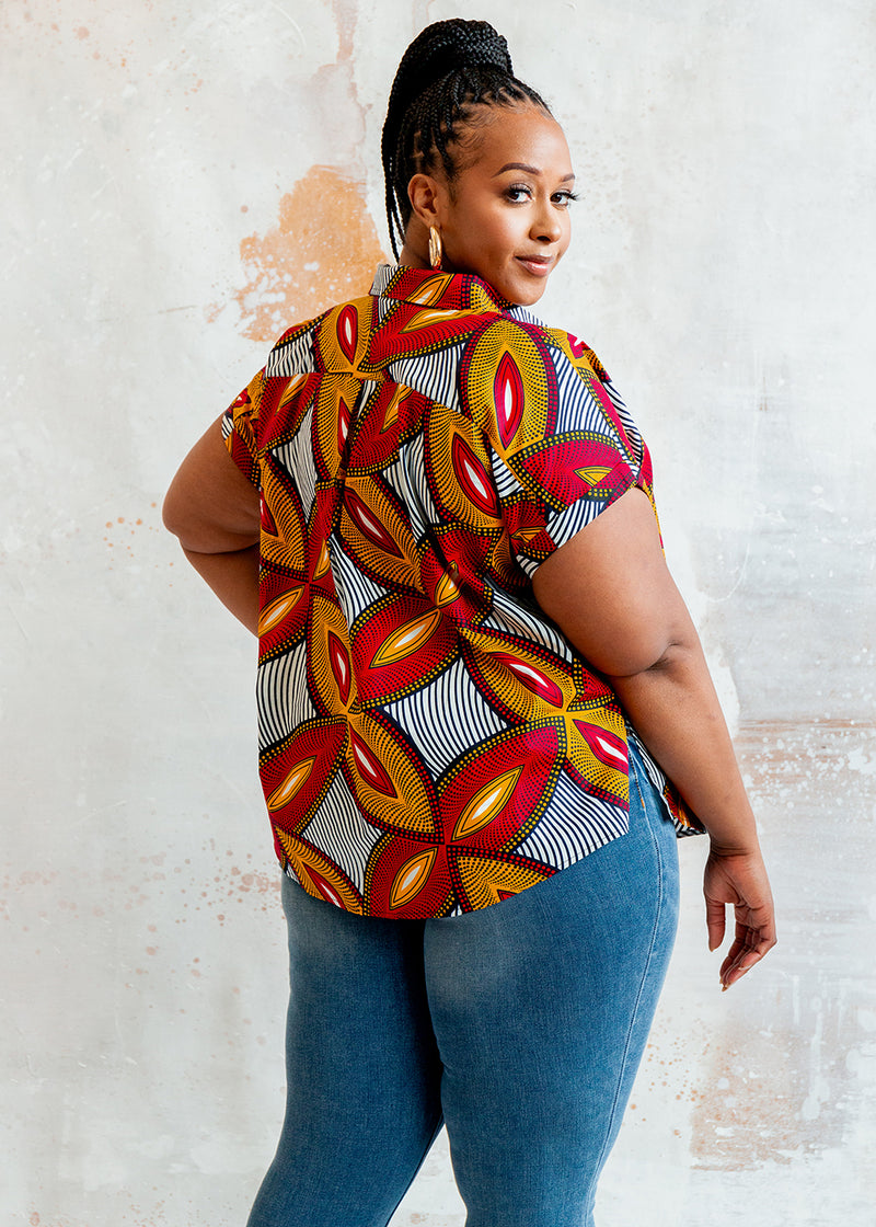 Tahiya Women's African Print Button-Up Blouse (Red Gold Leaves)