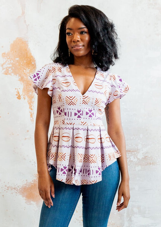 Zera Women's African Print Stretch Peplum Top (Mauve Plum Mudcloth)