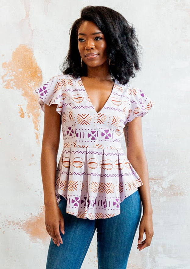 Zera Women's African Print Stretch Peplum Top (Mauve Plum Mudcloth)-Clearance