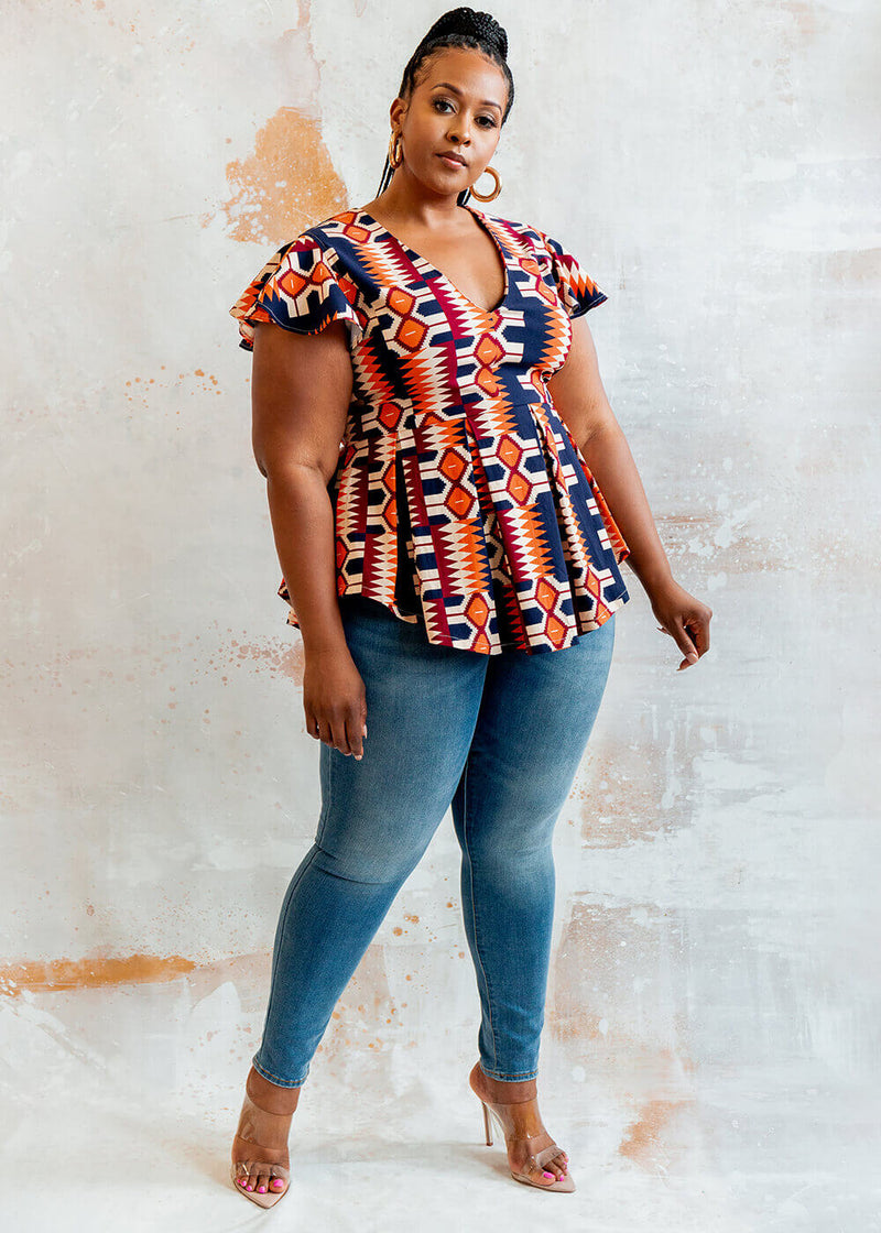 Zera Women's African Print Stretch Peplum Top (Cream Orange Kente)