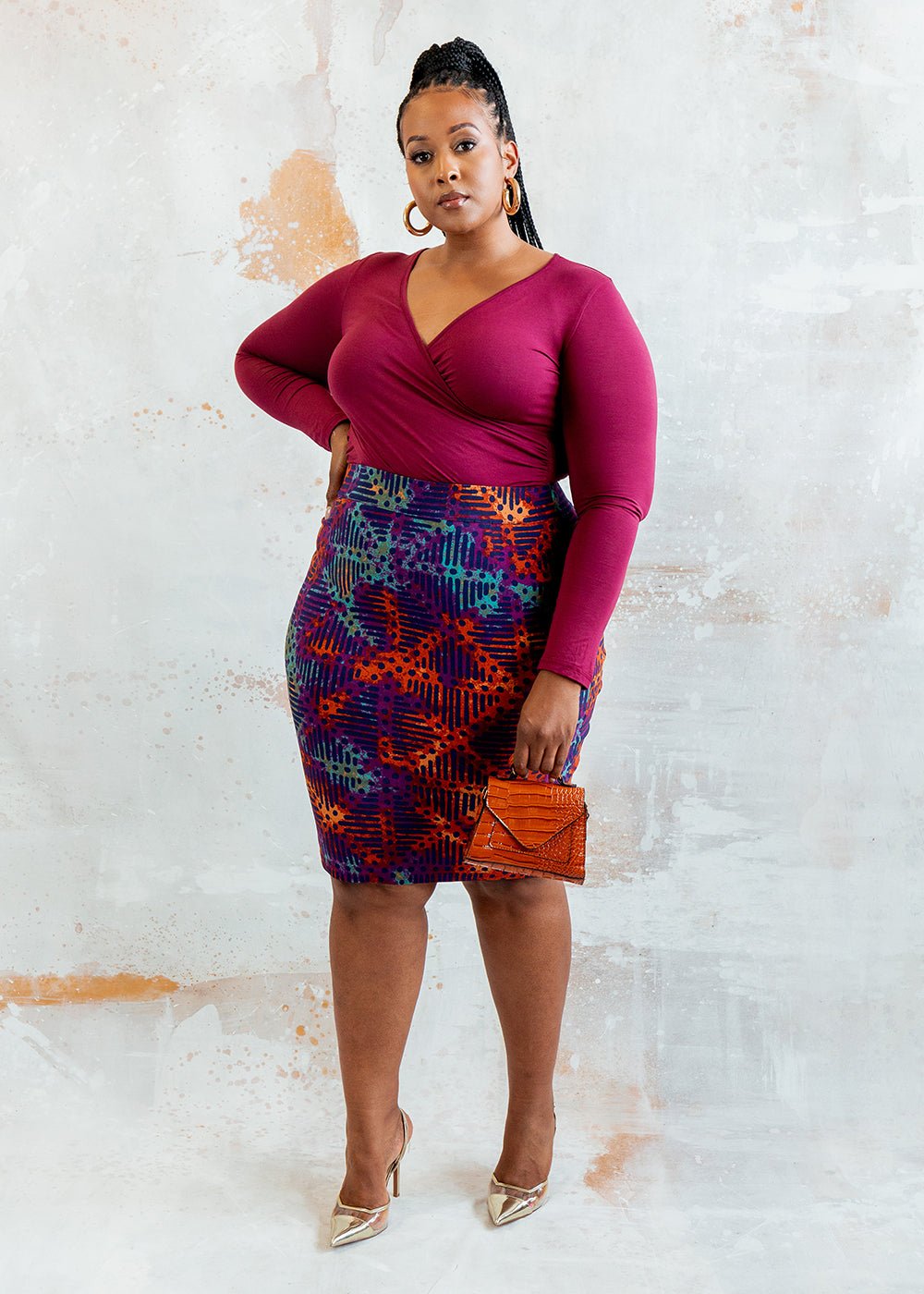 Hadiza Women's African Print Stretch Woven Pencil Skirt (Jade Amber Adire) - D'IYANU