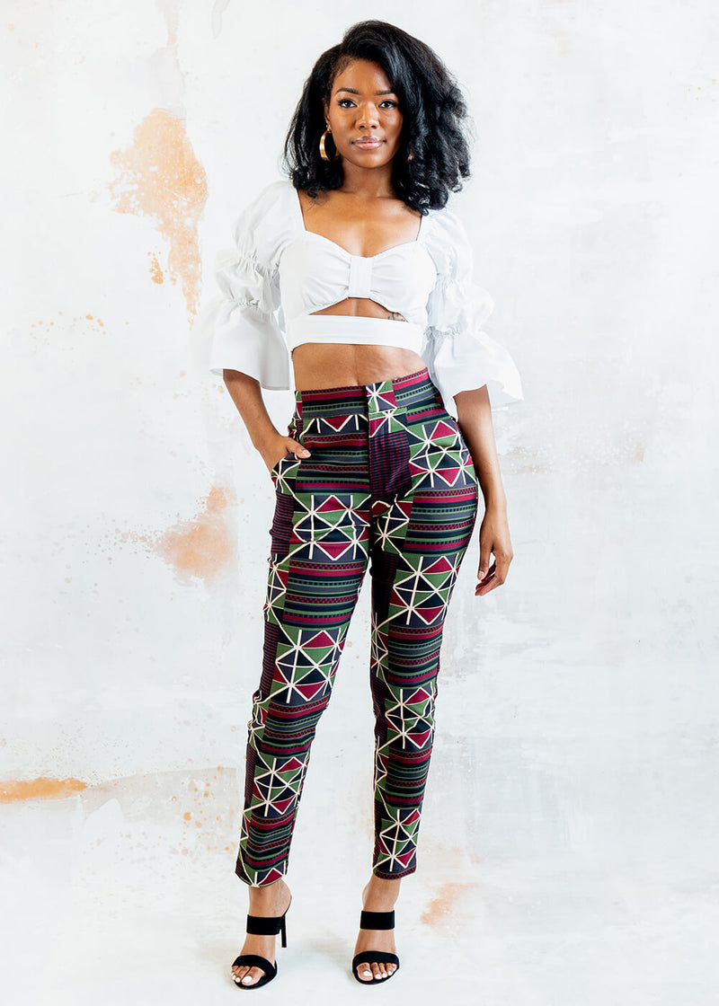 Talia Women's African Print Stretch Woven Skinny Pants (Black Red Kente)