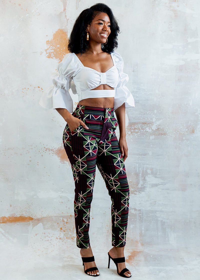 Talia Women's African Print Stretch Woven Skinny Pants (Black Red Kente)