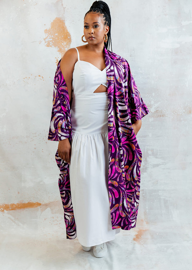 Efia Women's African Print Kimono (Plum Feathers) - Clearance