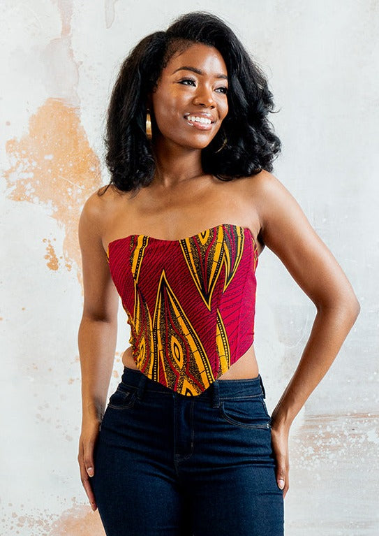 Caimile Women's African Print Stretch Corset (Red Yellow Leaves)