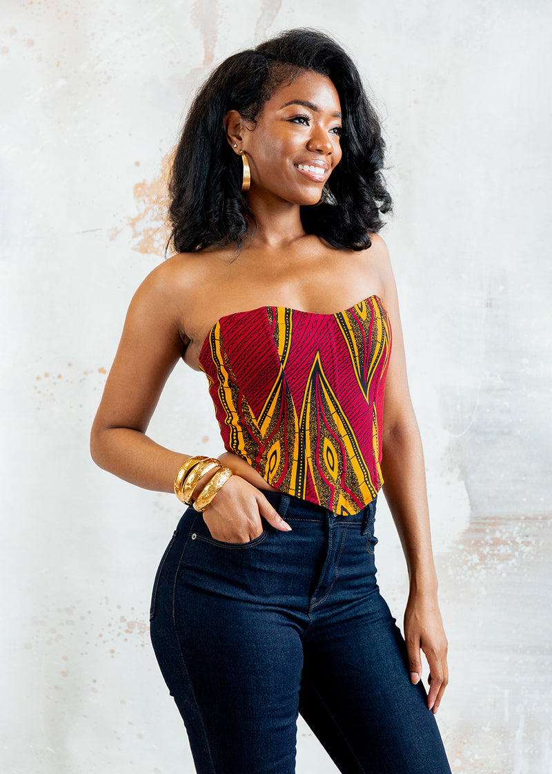 Caimile Women's African Print Stretch Corset (Red Yellow Leaves) – D'IYANU