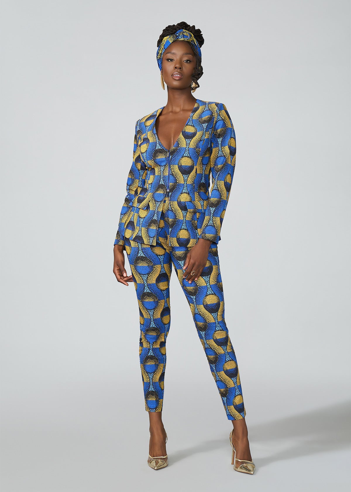 Talia Women's African Print Stretch Pants (Blue Gold Circles)