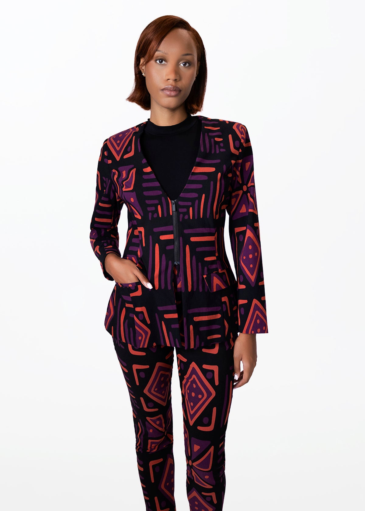 Fafa Womens African Print Stretch Blazer (Black Peach Tribal)