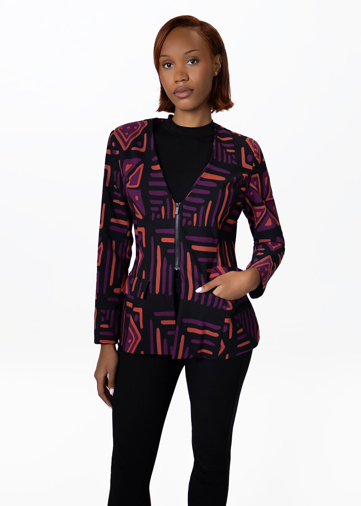 Fafa Womens African Print Stretch Blazer (Black Peach Tribal)