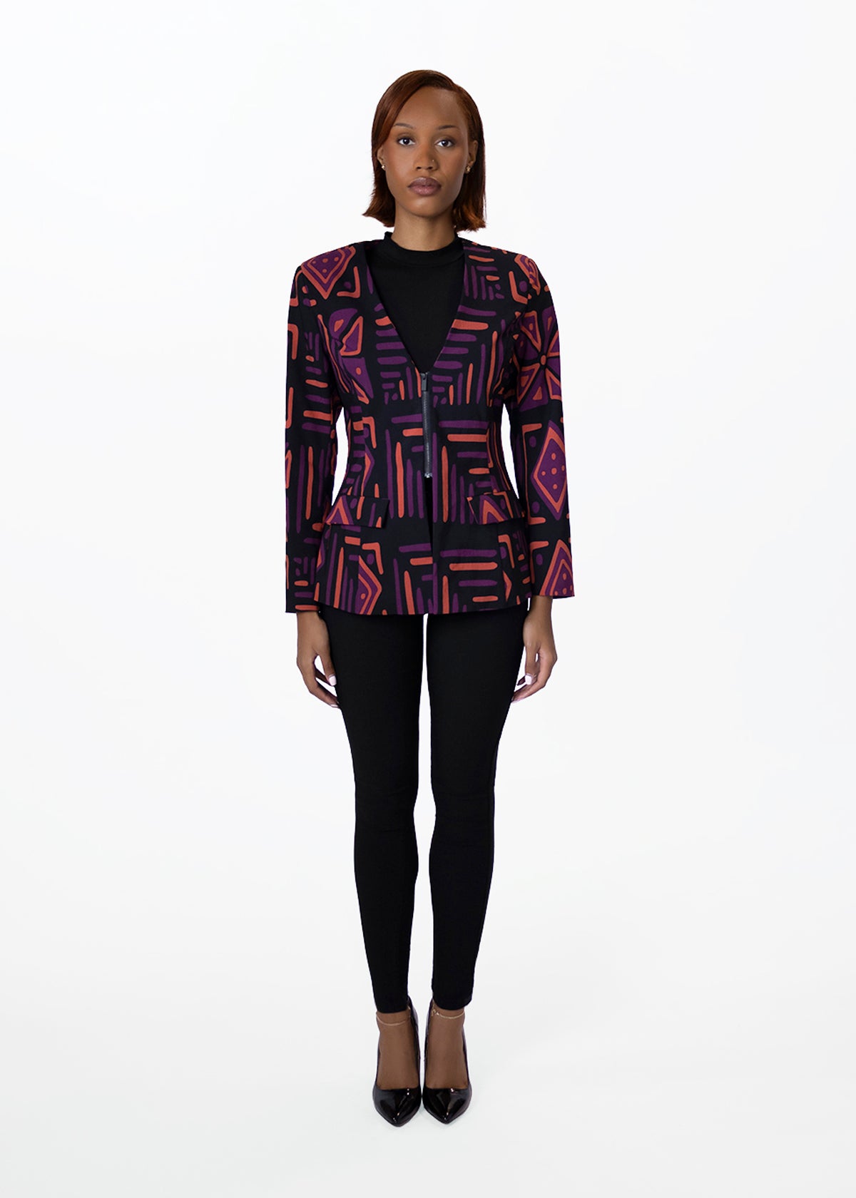 Fafa Womens African Print Stretch Blazer (Black Peach Tribal)
