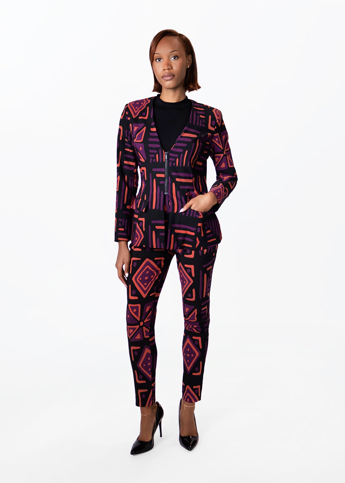 Fafa Womens African Print Stretch Blazer (Black Peach Tribal)