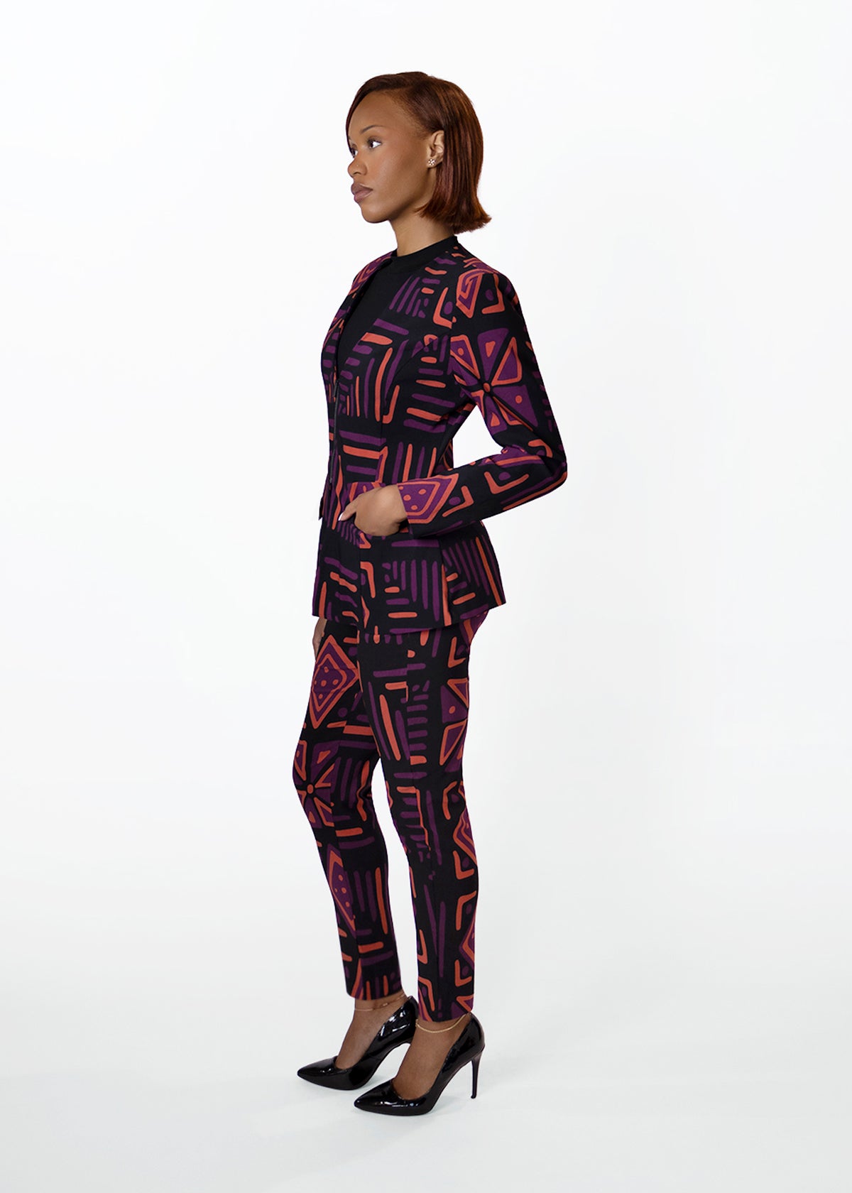 Fafa Womens African Print Stretch Blazer (Black Peach Tribal)
