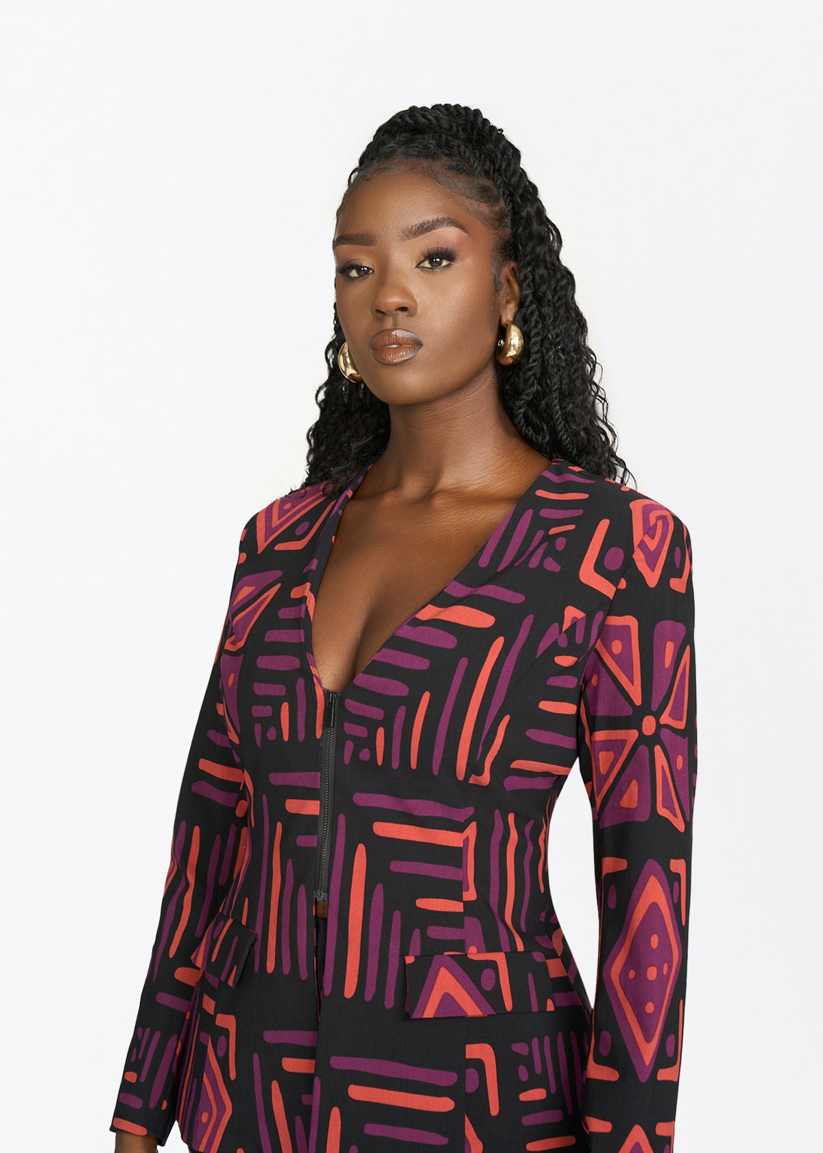 Fafa Womens African Print Stretch Blazer (Black Peach Tribal) - D'IYANU