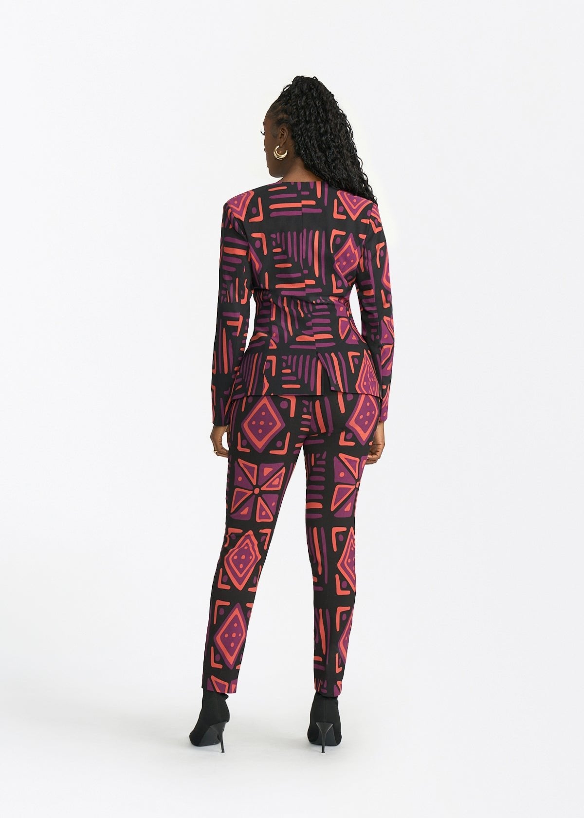 Fafa Womens African Print Stretch Blazer (Black Peach Tribal) - D'IYANU
