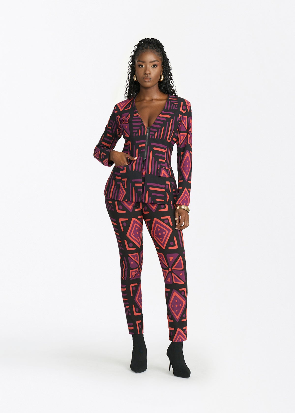 Talia Womens African Print Stretch Pants (Black Peach Tribal) - D'IYANU