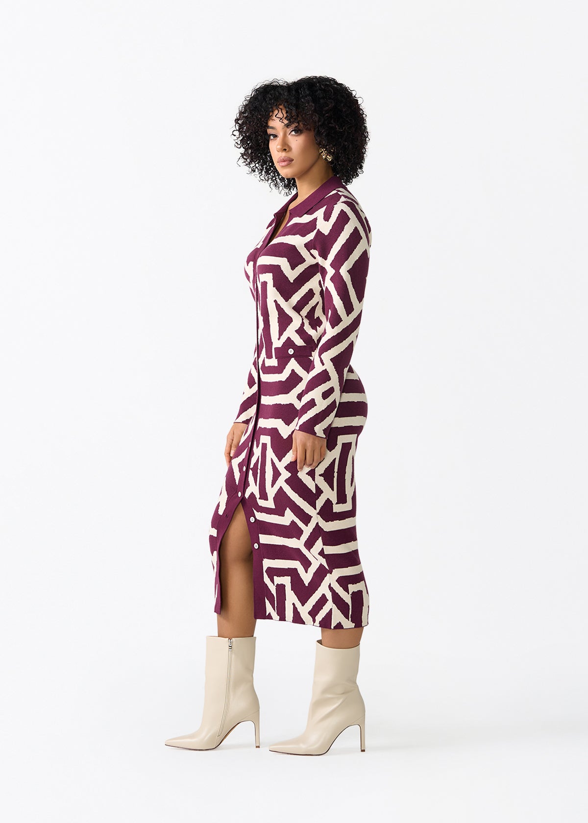 Fawzia Women's African Print Button-Up Sweater Dress (Cream Berry Tribal) - D'IYANU