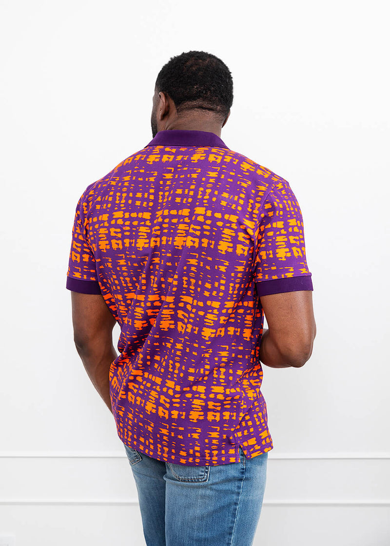 Femi Men's African Print Polo Shirt (Purple Tangerine Adire)