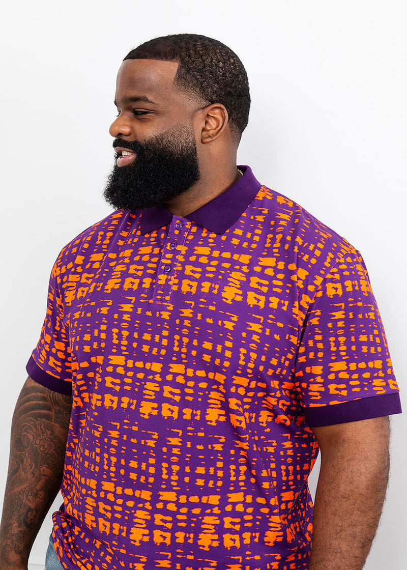 Femi Men's African Print Polo (Purple Tangerine Adire)