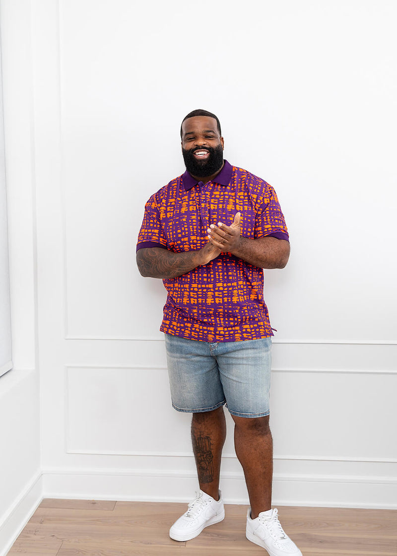 Femi Men's African Print Polo (Purple Tangerine Adire)