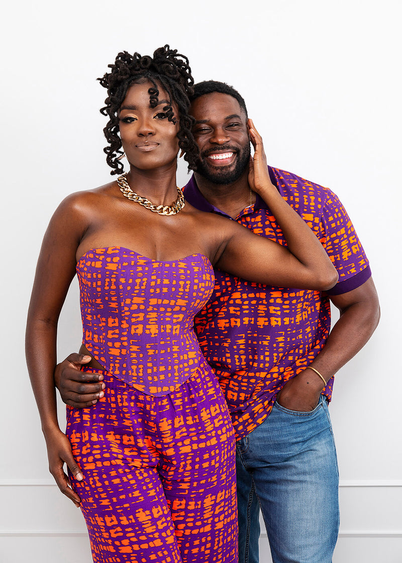 Caimile Women's African Print Stretch Corset Top (Purple Tangerine Adire)
