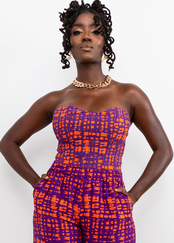 Caimile Women's African Print Stretch Corset Top (Purple Tangerine Adire)