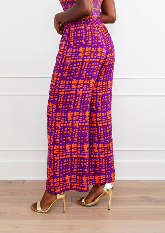 Sika Women's African Print Wide Leg Pants (Purple Tangerine Adire)