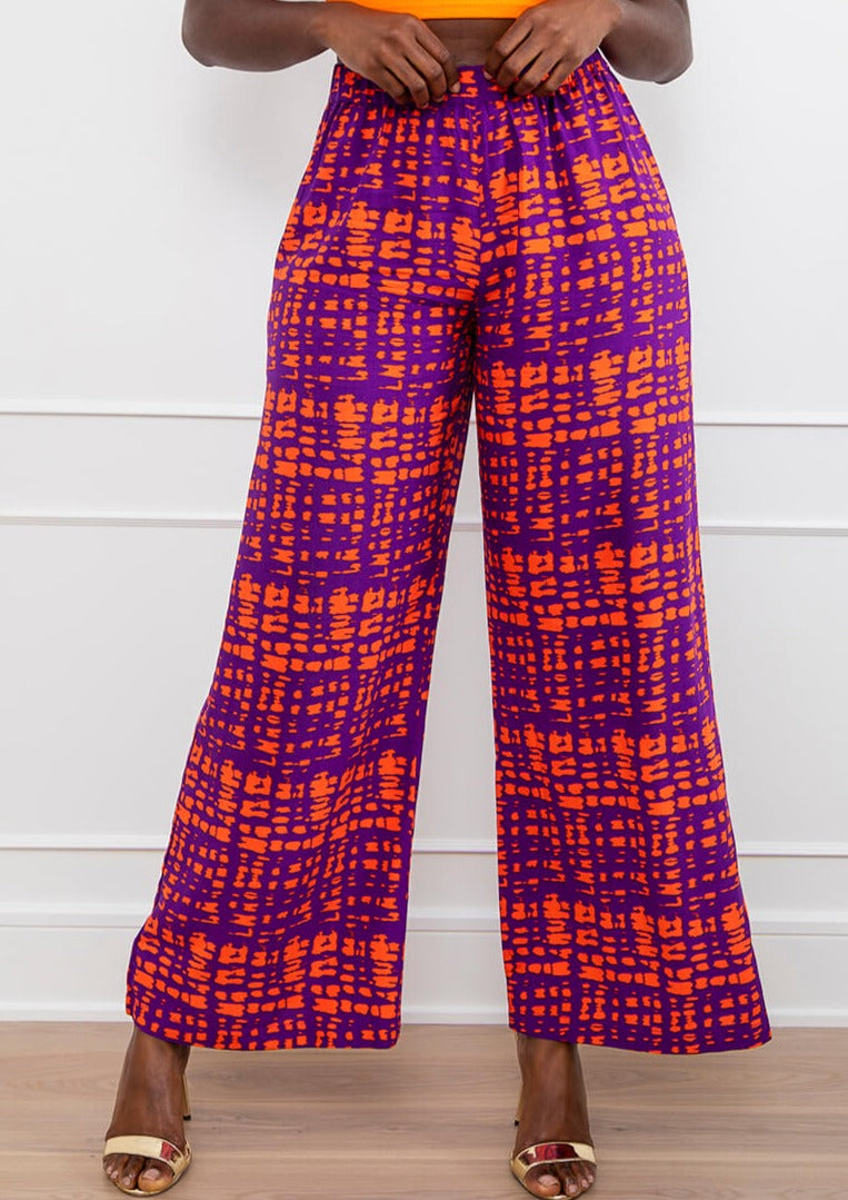 Sika Women's African Print Wide Leg Pants (Purple Tangerine Adire)