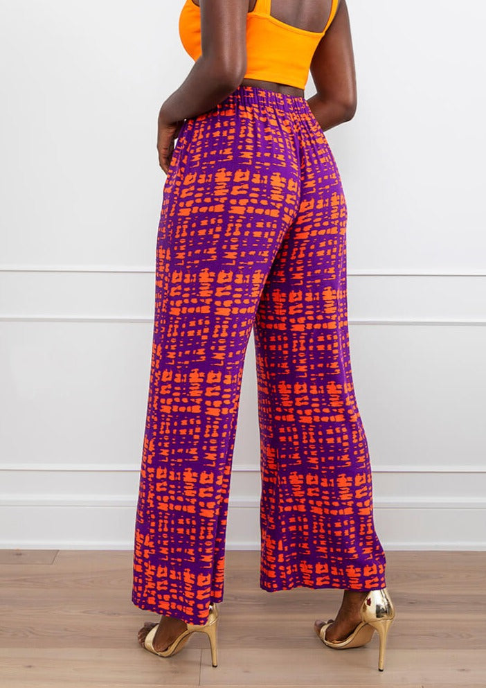 Sika Women's African Print Wide Leg Pants (Purple Tangerine Adire)