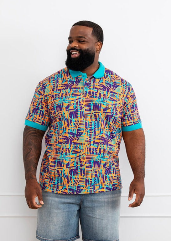 Femi Men's African Print Polo Shirt (Tropical Stamp)