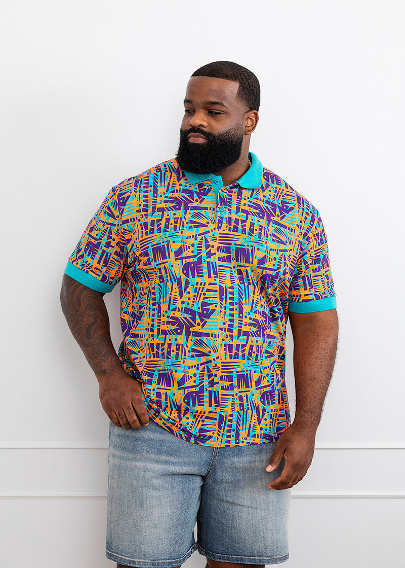 Femi Men's African Print Polo Shirt (Tropical Stamp)