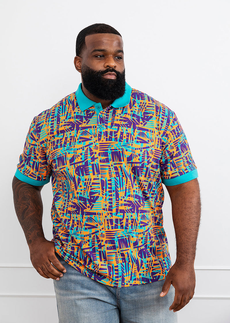 Femi Men's African Print Polo Shirt (Tropical Stamp)