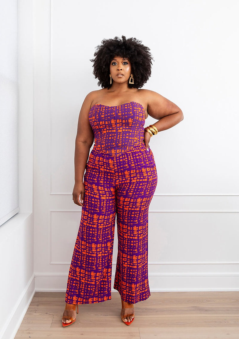 Sika Women's African Print Wide Leg Pants (Purple Tangerine Adire)