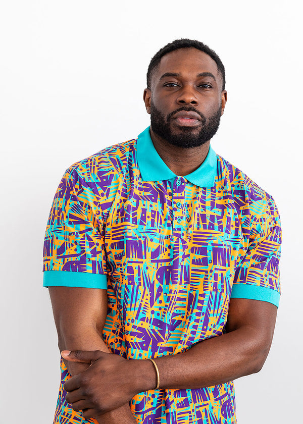 Femi Men's African Print Polo Shirt (Tropical Stamp)