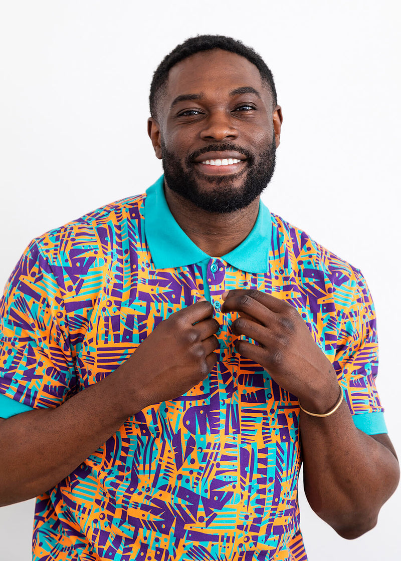 Femi Men's African Print Polo Shirt (Tropical Stamp)