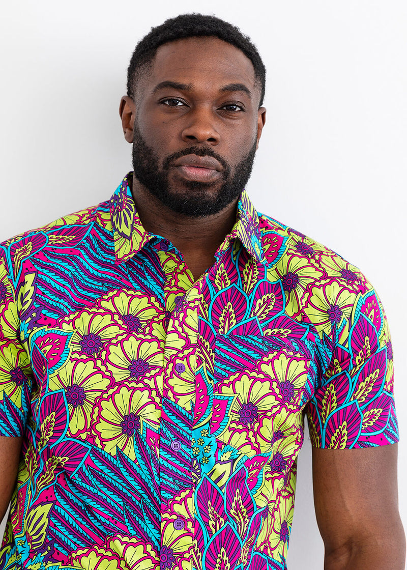 Tahir Men's African Print Button-Up Shirt (Aqua Flowers)-Clearance