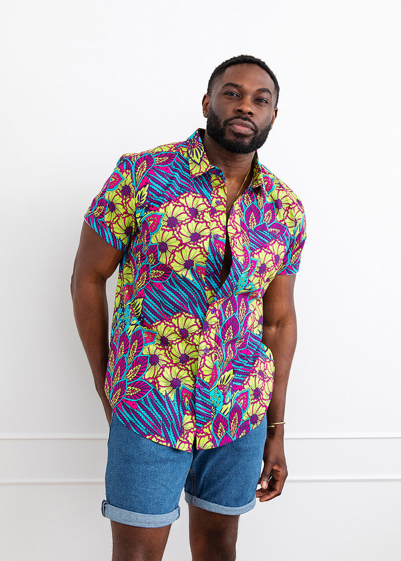Tahir Men's African Print Button-Up Shirt (Aqua Flowers)