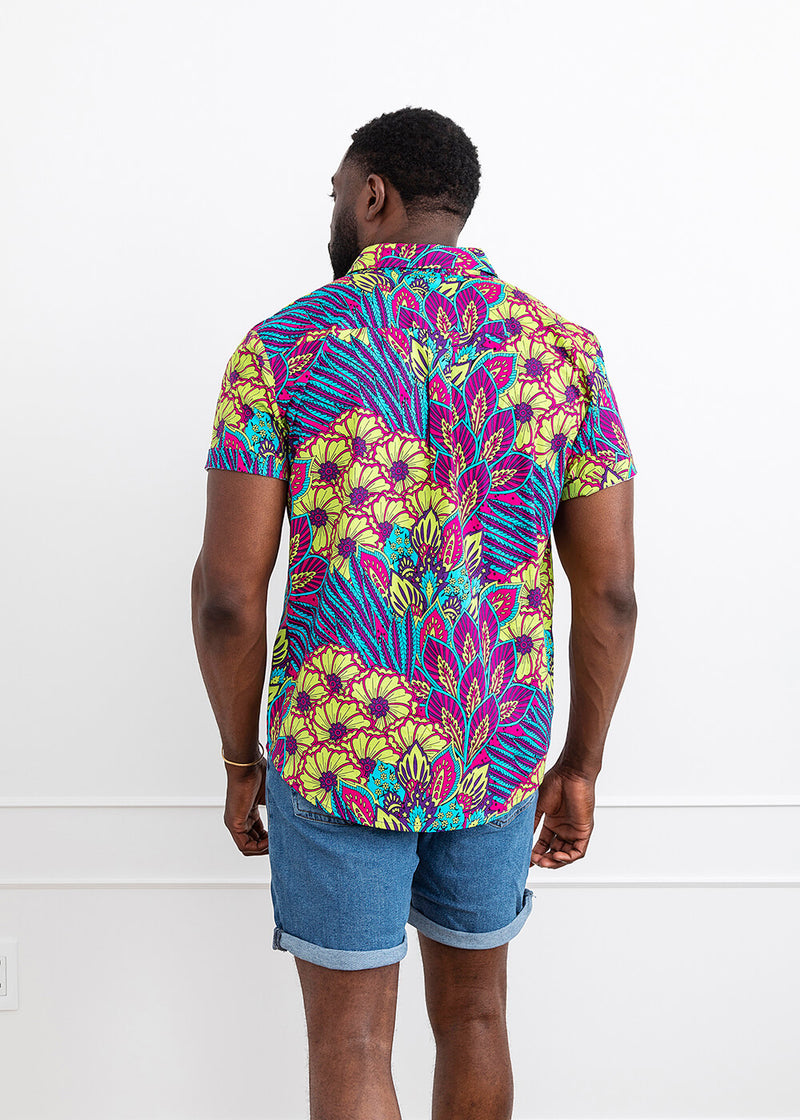 Tahir Men's African Print Button-Up Shirt (Aqua Flowers)