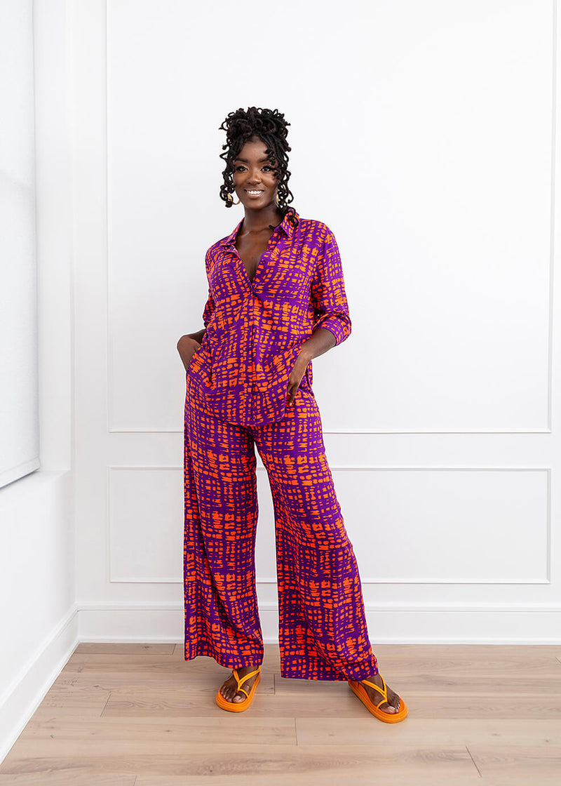 Sika Women's African Print Wide Leg Pants (Purple Tangerine Adire)