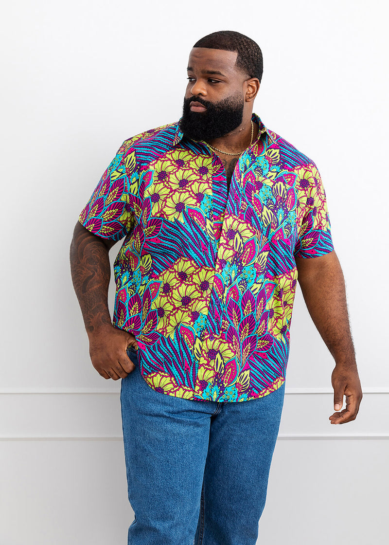 Tahir Men's African Print Button-Up Shirt (Aqua Flowers)