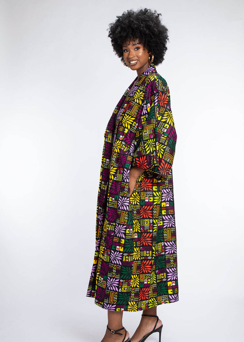 Efia Women's African Print Kimono (Black Tropical Leaves)