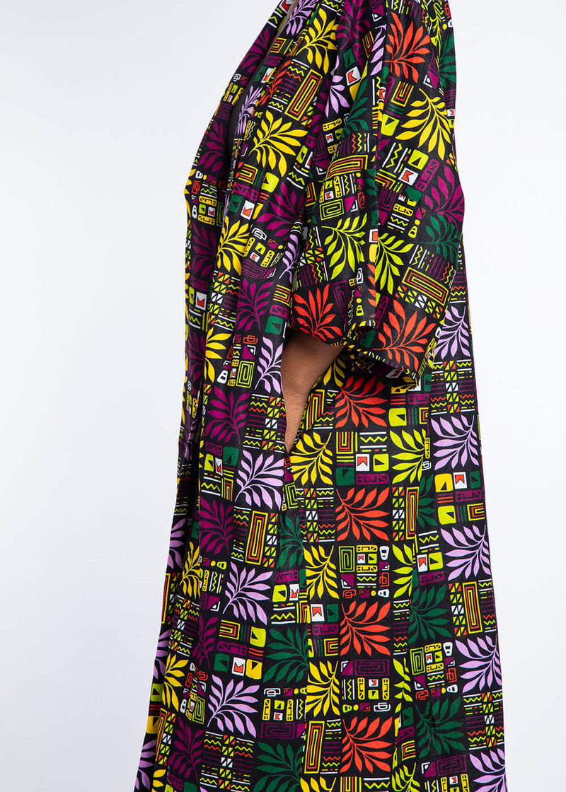 Efia Women's African Print Kimono (Black Tropical Leaves)