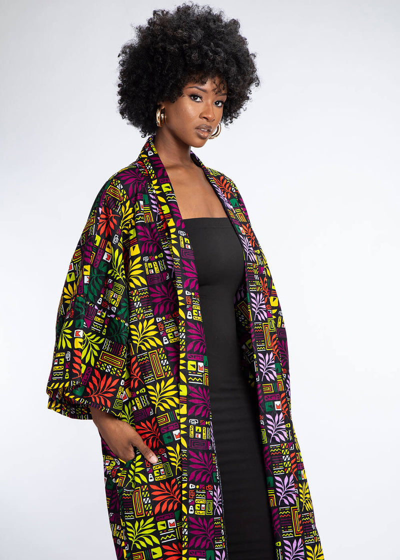 Efia Women's African Print Kimono (Black Tropical Leaves)