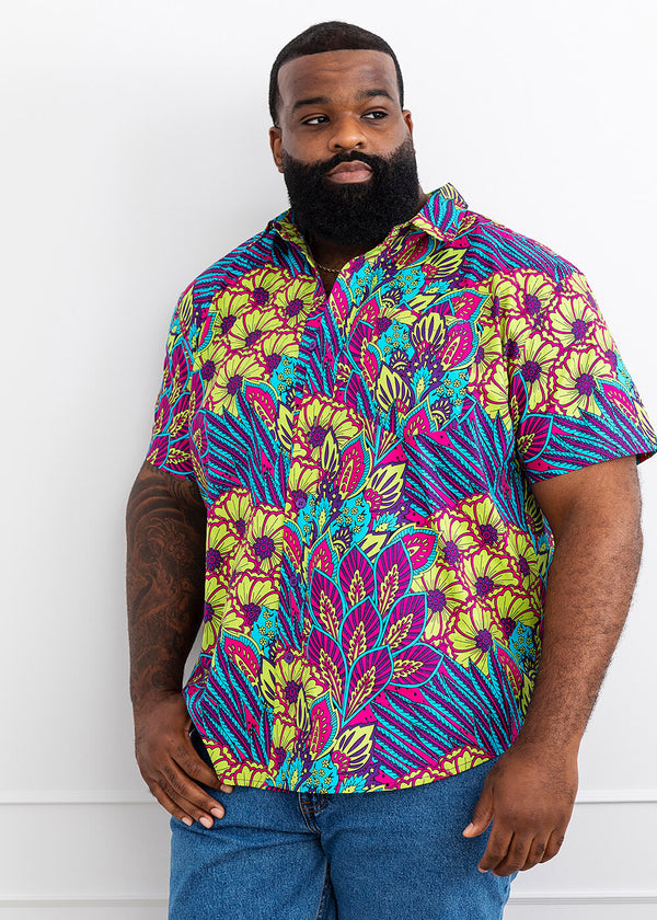 Tahir Men's African Print Button-Up Shirt (Aqua Flowers)