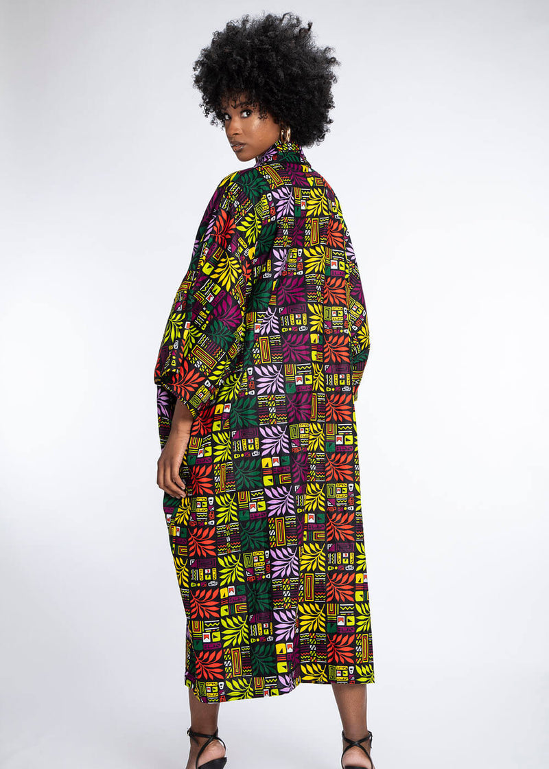 Efia Women's African Print Kimono (Black Tropical Leaves)
