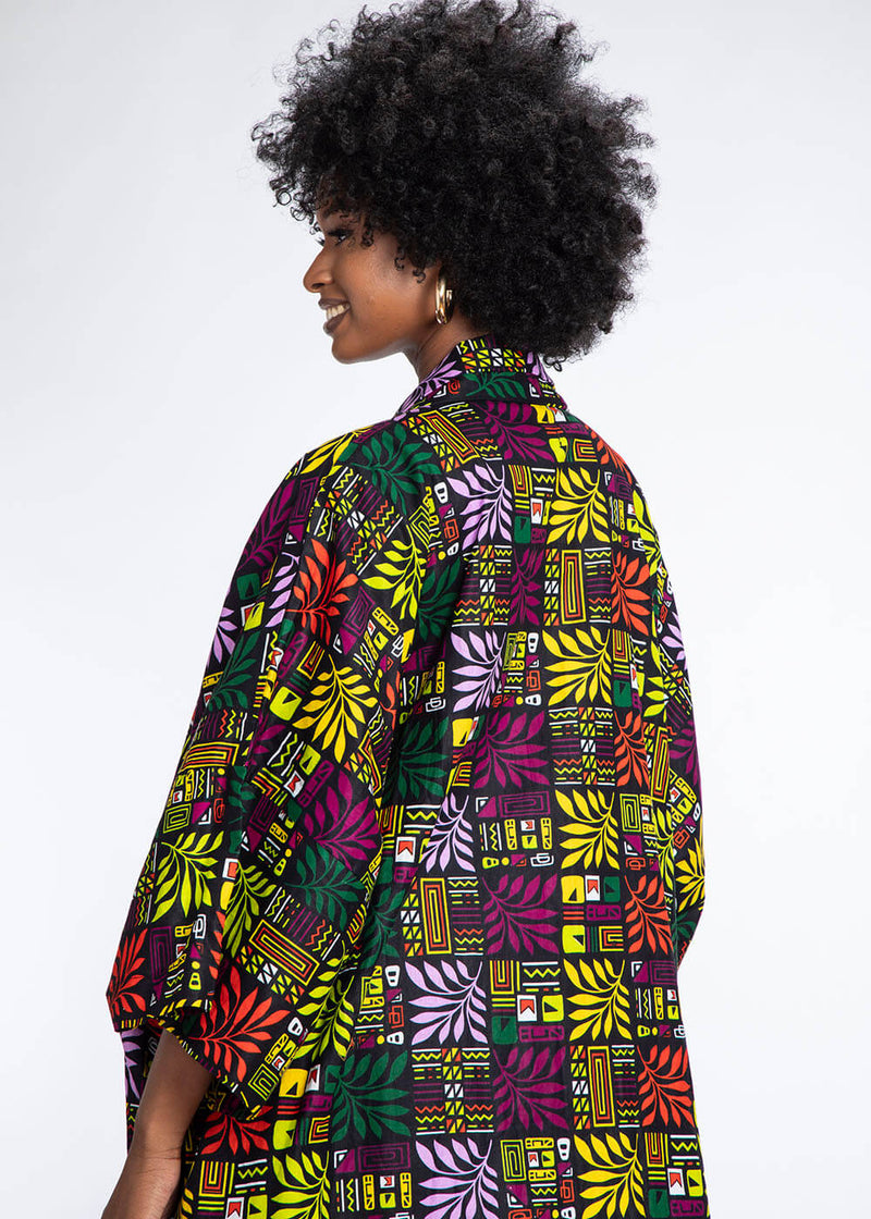 Efia Women's African Print Kimono (Black Tropical Leaves)